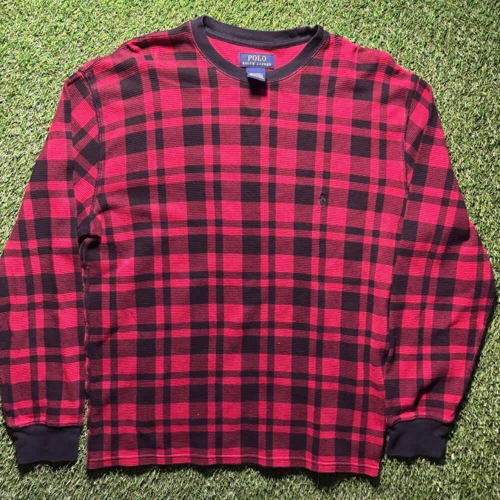 Polo Ralph Lauren Waffle Knit Thermal Long Sleeve Shirt Red Black Plaid Men's L